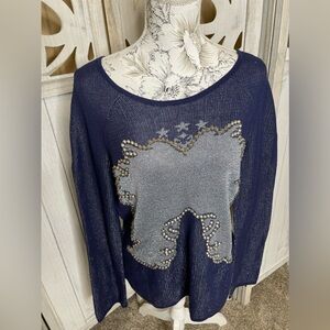 Cecilia Prado Top Blue Metallic Silver Studded Light Sweater Size XL Anthro